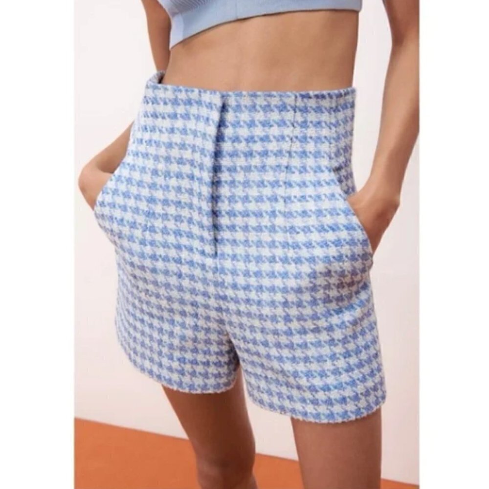 Zara Blue &‎ White Houndstooth Plaid High Rise Tweed Shorts S